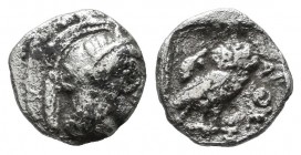Attica, Athens. Ca 480-460 BC. AR Obol (9mm, 0.62g). Helmeted head of Athena right / Owl standing right, head facing, olive sprig behind, AΘE to right...