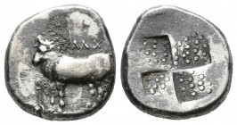 Bithynia, Kalchedon. c.367/6-340 BC. AR Drachm (15mm, 3.68g), Rhodian standard. KAΛX Bull standing left on grain ear; to left, kerykeion. / Quadripart...