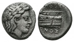 Bithynia, Kios. ca.345-315 BC. Hemidrachm AR (13mm, 2.39g). Laureate head of Apollo right. / Prow of galley left, ornamented with star, ΠPOΞENOΣ aroun...