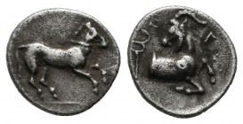 Cilicia, Kelenderis. 3rd century BC. AR Obol (10mm, 0.61g). Horse prancing right / Goat kneeling right, head left; caduceus. SNG Lev 23.