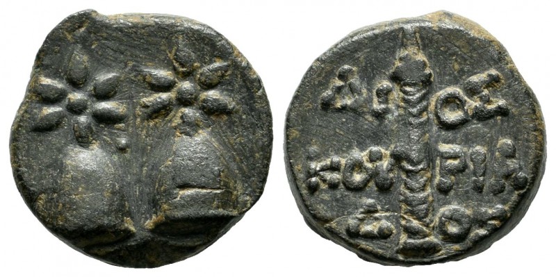 Colchis. Dioscurias, circa 200 BC. AE (15mm, 4.21g). Caps of the Dioscuri surmou...