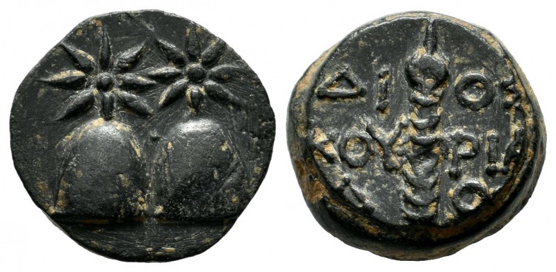 Colchis. Dioscurias, circa 200 BC. AE (15mm, 4.35g). Caps of the Dioscuri surmou...