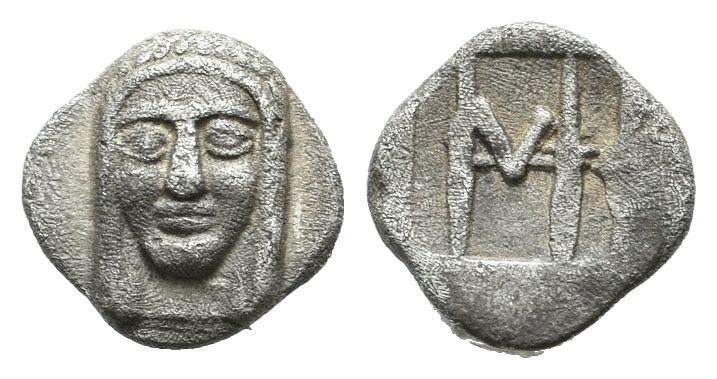 Ionia, Kolophon. ca.450-410 BC. AR Hemiobol (7mm, 0.40g). Facing laureate head o...