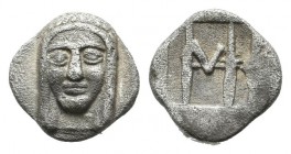 Ionia, Kolophon. ca.450-410 BC. AR Hemiobol (7mm, 0.40g). Facing laureate head of Apollo. / Monogram (mark of value) within incuse rectangle. Milne, C...