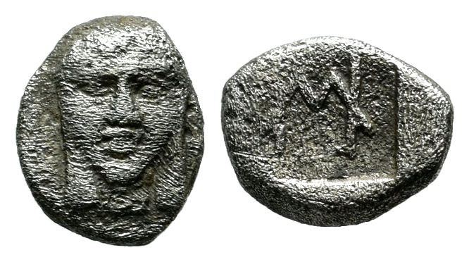 Ionia, Kolophon. ca.450-410 BC. AR Hemiobol (8mm, 0.45g). Facing laureate head o...