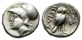 Ionia, Lebedos. Ca. 330-294 BC. AR Hemidrachm (11mm, 1.44g). Hegias magistrate. Helmeted head of Athena left / ΛΕ / ΗΓΙΑΣ. Owl standing left, head fac...