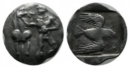 Ionia, Magnesia ad Maeandrum. Themistokles(?). Circa 465-459 BC. AR Obol (12mm, 0.79g). Male figure standing left extending right arm to a horse stand...