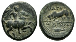 Ionia. Magnesia ad Maeandrum. Circa 300 BC. AE (15mm, 3.88g). Diagoras, magistrate. Horseman galloping right, holding spear / MAΓΝ / ΔΙΑΓΟΡΑΣ. Bull bu...