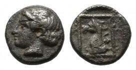 Ionia. Phokaia. Circa 420-380 BC. AR Hemiobol (7mm, 0.33g). Head of Apollo left / Head of griffin left within linear square. SNG Copenhagen 1033 var.