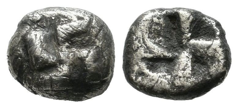 Ionia. Uncertain, Circa 625-600 BC. AR Diobol (8mm, 1.09g). Raised swastika patt...