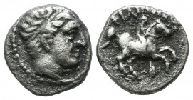 Kings of Macedon. Amphipolis. Philip II. 359-336 BC. AR Hemidrachm (14mm, 2.47g). Laureate head of Apollo right / Rider on horseback right; monogram. ...