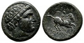 Kings of Macedon. Miletos. Philip III Arrhidaeus 323-317 BC. AE (18mm, 5.54g). Diademed head right / Horseman riding right; labrys above, monogram bel...