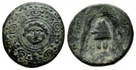 Kings of Macedon. Philip III (323-317 BC). AE Half Unit (16mm, 3.69g). Salamis. Macedonian shield, facing gorgoneion on boss / Helmet; kerykeion to lo...