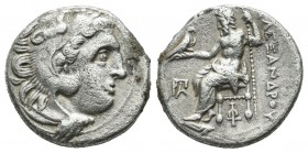Kings Of Macedon. Philip III Arrhidaios (323-317 BC). AR Drachm (17mm, 4.11g). Kolophon. Head of Herakles right, wearing lion skin / ΦIΛIΠΠOY. Zeus se...
