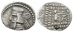Kings of Parthia. Ekbatana. Vologases III, AD 105-147. AR Drachm (18mm, 3.41g). Bust left with long beard, wearing earring and diadem with loop at the...