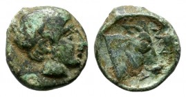 Lesbos, Mytilene. Ca. 400-350 BC. AE (8mm, 0.46g). Laureate head of Apoll right / MYTI. Head of bull right. BMC 20-7.
