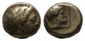 Lesbos. Mytilene, circa 377-326 BC. EL Hekte – 1/6 Stater (9mm, 2.54g). Laureate head of Apollo right / Head of Artemis right; serpent behind; all wit...