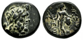 Lycaonia. Eikonion, Circa 100-0 BC. AE (15mm, 5.27g). Laureate head of Zeus right / ΕΙΚΟΝΙ-ΕΩ[Ν], naked Perseus standing left, holding harpa in right ...