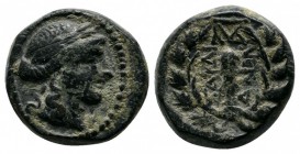 Lydia, Sardes. 2nd-1st centuries BC. AE (14mm-4.40g). Laureate head of Apollo right. ΣAPΔIA / NΩN. Club right within wreath; monogram to right. SNG Co...