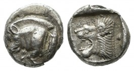 Mysia, Kyzikos, c. 450-400 BC. AR Obol (9mm, 0.90g). Forepart of boar left.; to right, tunny upward / Head of lion left within incuse square. Von Frit...