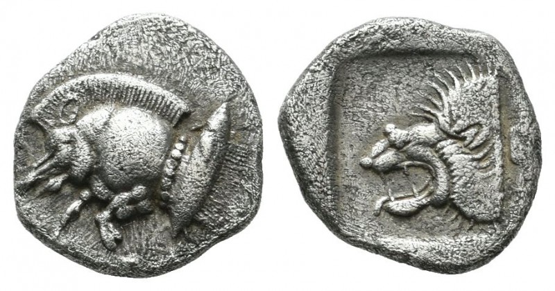 Mysia, Kyzikos, c.450-400 BC. AR Obol (10mm, 0.91g). Forepart of boar left; to r...