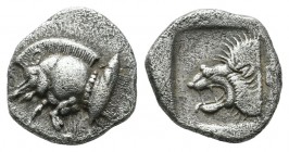 Mysia, Kyzikos, c.450-400 BC. AR Obol (10mm, 0.91g). Forepart of boar left; to right, tunny upward / Head of roaring lion left within incuse square. V...