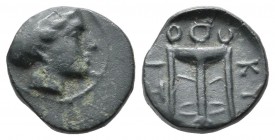 Mysia, Kyzikos, circa 300 BC. AE (11mm, 1.39g). Head of Kore Soteira right, hair bound in sakkos. / KY ZI. Tripod; crown above, monogram to right; bel...
