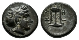 Mysia, Kyzikos, circa 300 BC. AR (11mm, 1.63g). Head of Kore Soteira right, hair bound in sakkos. / KY ZI. Tripod; crown above, monogram to right; bel...