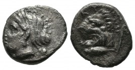 Mysia, Kyzikos, circa 390-340 BC. AR Drachm (15mm, 3.00g). Head of Kore Soteira, hair in sphendone. / Head of lion, tunny fish below. SNG.vAul.1223v. ...