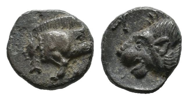 Mysia, Kyzikos, circa 450-400 BC. AR Hemiobol (6mm, 0.34g). Forepart of boar rig...