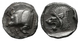 Mysia, Kyzikos, circa 450-400 BC. AR Obol (9mm, 0.85g). Forepart of boar left; to right, tunny upward / Head of roaring lion left within incuse square...