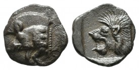 Mysia, Kyzikos, circa 480 BC. AR Obol (10mm, 0.85g). Forepart of boar left with tall mane and dotted end point, E (retrograde) on shoulder; to right, ...