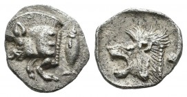 Mysia, Kyzikos, circa 480 BC. AR Obol (11mm, 0.84g). Forepart of boar left with tall mane and dotted end point, E (retrograde) on shoulder; to right, ...