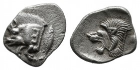 Mysia, Kyzikos, circa 480 BC. AR Obol (12mm, 0.82g). Forepart of boar left with tall mane and dotted end point, E (retrograde) on shoulder; to right, ...