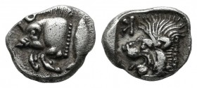 Mysia, Kyzikos, circa 480 BC. AR Obol (8mm, 0.80g). Forepart of boar left with tall mane and dotted end point, E (retrograde) on shoulder; to right, t...