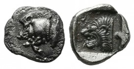 Mysia, Kyzikos, circa 480 BC. AR Obol (9mm, 0.57g). Forepart of boar left / Head of roaring lion left and dotted truncation, all within incuse square....