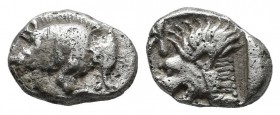 Mysia, Kyzikos, circa 480 BC. AR Obol (9mm, 0.79g). Forepart of boar left with tall mane and dotted end point, E (retrograde) on shoulder; to right, t...