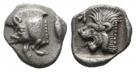 Mysia, Kyzikos, circa 480 BC. AR Obol (9mm, 0.85g). Forepart of boar left with tall mane and dotted end point, E (retrograde) on shoulder; to right, t...