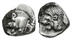 Mysia, Kyzikos, circa 480 BC. AR Obol (9mm, 0.86g). Forepart of boar left with tall mane and dotted end point, E (retrograde) on shoulder; to right, t...