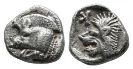 Mysia, Kyzikos, circa 480 BC. AR Obol (9mm, 0.86g). Forepart of boar left with tall mane and dotted end point, E (retrograde) on shoulder; to right, t...