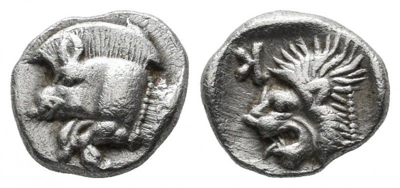 Mysia, Kyzikos, circa 480 BC. AR Obol (9mm, 0.87g). Forepart of boar left with t...