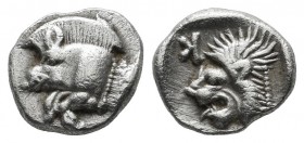 Mysia, Kyzikos, circa 480 BC. AR Obol (9mm, 0.87g). Forepart of boar left with tall mane and dotted end point, E (retrograde) on shoulder; to right, t...