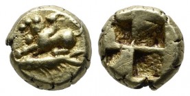 Mysia, Kyzikos, Circa 550-500 BC. EL Hemihekte - 1/12 Stater (8mm, 1.30g). Chimaera to left; tunny fish below / Quadripartite incuse square. Von Fritz...