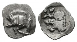 Mysia, Kyzikos, circa 5th century. AR hemiobol (10mm, 0.44g). Forepart of boar to left / Head of lion to left within incuse square, above floral star....