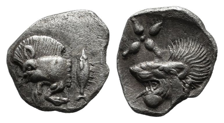 Mysia, Kyzikos, circa 5th century. AR hemiobol (9mm, 0.33g). Forepart of boar to...