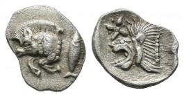 Mysia, Kyzikos, Circa 5th century. AR hemiobol (9mm, 0.40g). Forepart of boar to left / Head of lion to left within incuse square, above floral star. ...