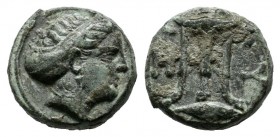Mysia, Kyzikos. 3rd century BC. Æ (10mm, 1.47g). Head of Kore Soteira right / Tripod, tunny below. SNG France 429-30.