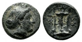 Mysia, Kyzikos. 3rd century BC. AE (11mm, 1.45g). Head of Kore Soteira right, hair bound in sakkos. / KY-ZI, tripod. SNG France 429; SNG Cop 56.
