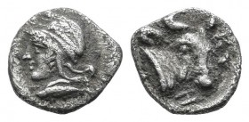 Mysia, Kyzikos. c.410-400 BC. AR Hemiobol (7mm, 0.31g). Head of Attis left, wearing Phrygian cap; tunny below / KY. Bull’s head right. SNG France -; S...