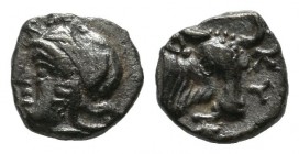 Mysia, Kyzikos. ca.410-400 BC. AR Hemiobol (6mm, 0.36g). Head of Attis left, wearing Phrygian cap; tunny below / KY. Bull’s head right. SNG France -; ...